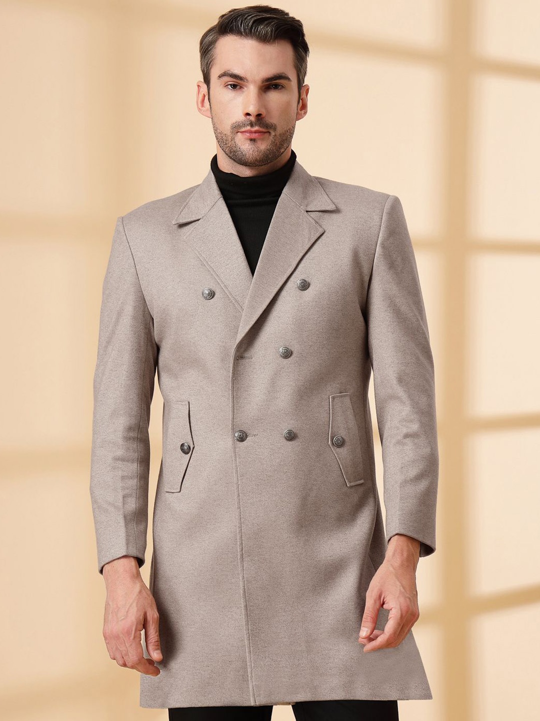 

KLOTTHE Notched Lapel Double Breasted Woollen Trench Coat, Beige