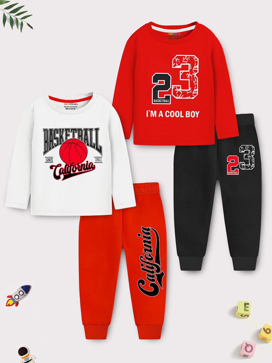 

YK X Trampoline Pack Of 2 Unisex Kids Printed Night suit, White