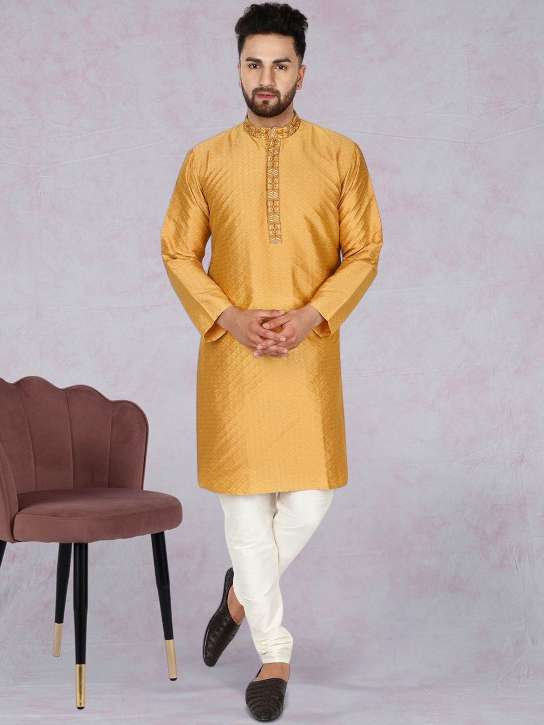 

SKAVIJ Men Regular Thread Work Kurta with Churidar & With Dupatta, Gold