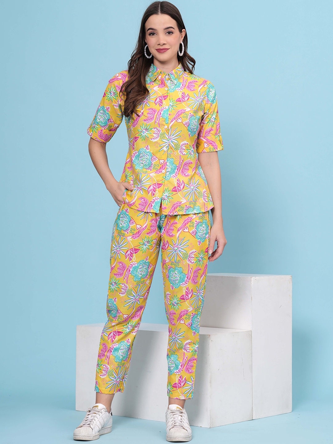 

HEARTLOOM Printed Short Sleeves Pure Cotton Shirt With Trouser, Yellow