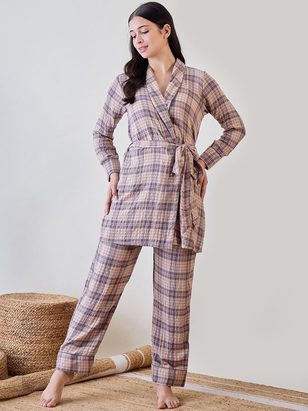 

The Kaftan Company Women Checked Night suit, Beige