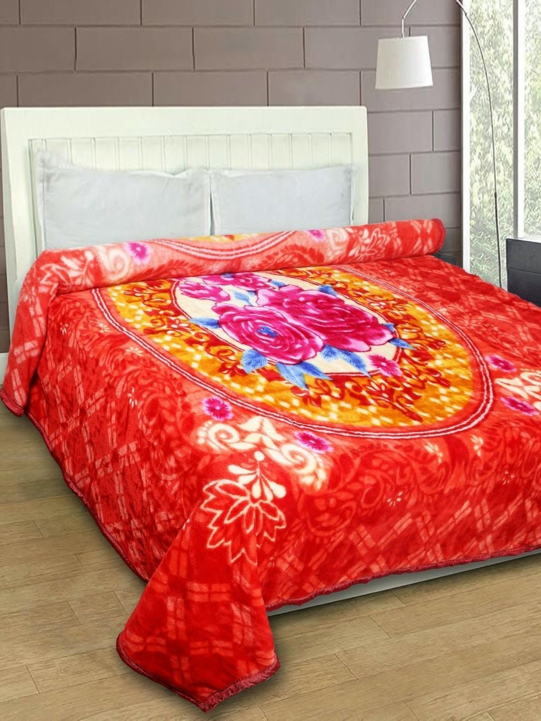 

MAGICAL Orange & Pink Floral Mink 400 GSM Double Bed Blanket