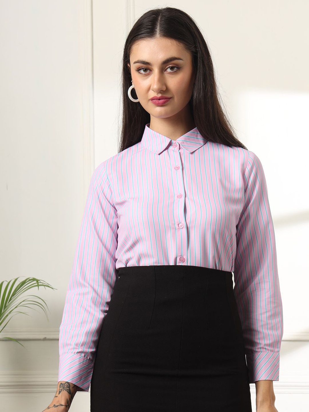 

FITHUB Women Spread Collar Vertical Striped Cotton Formal Shirt, Pink