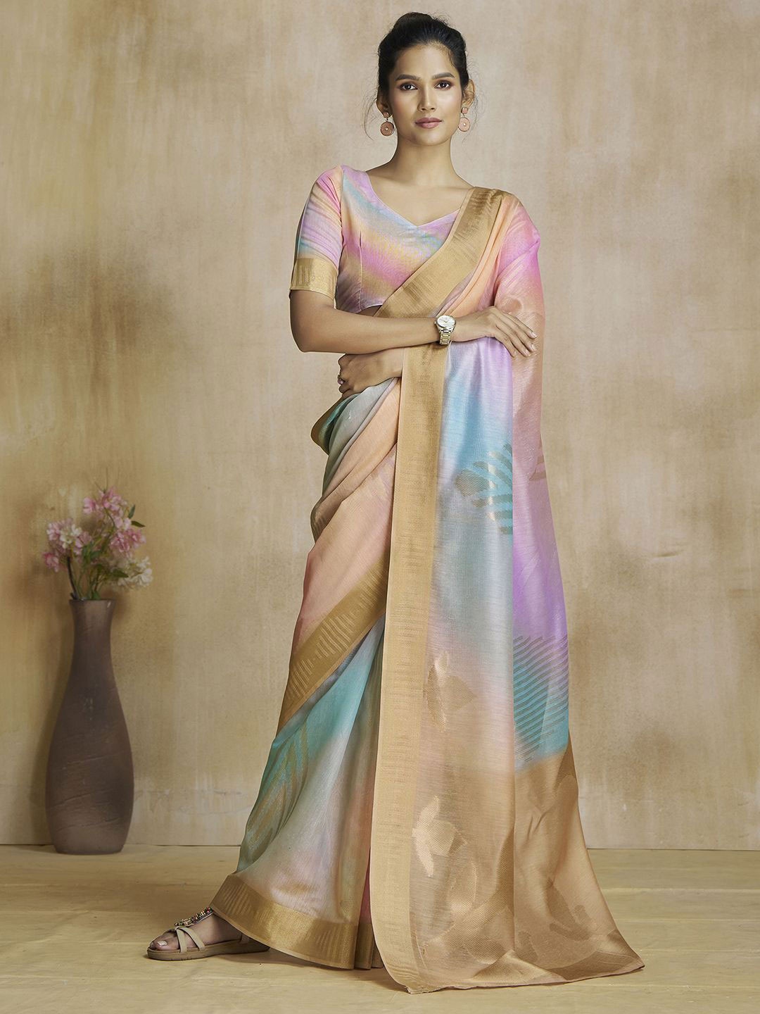 

Satrani Striped Zari Pure Silk Banarasi Saree, Gold