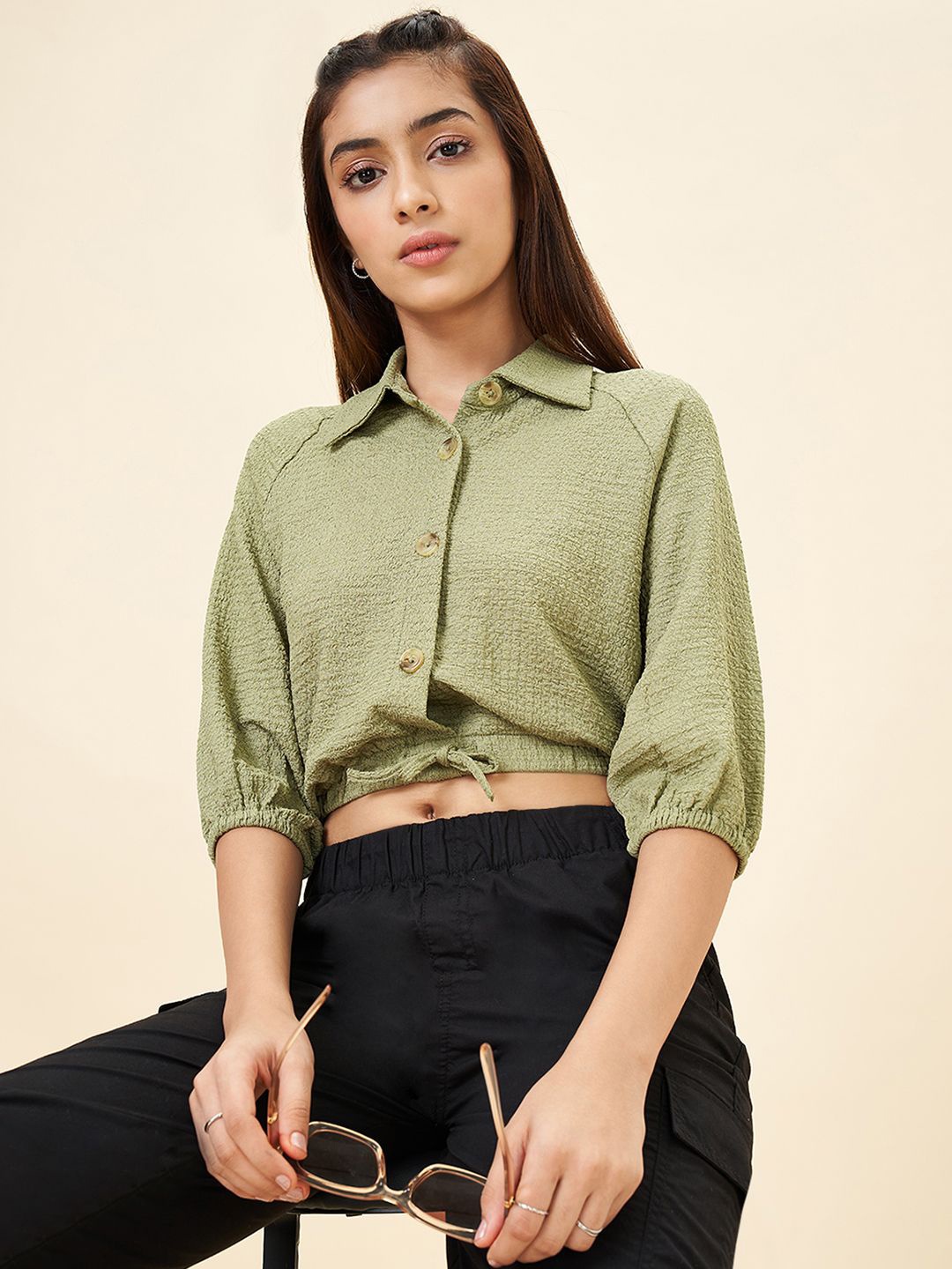 

Coolsters by Pantaloons Girls Puff Sleeves Shirt Style Crop Top, Green