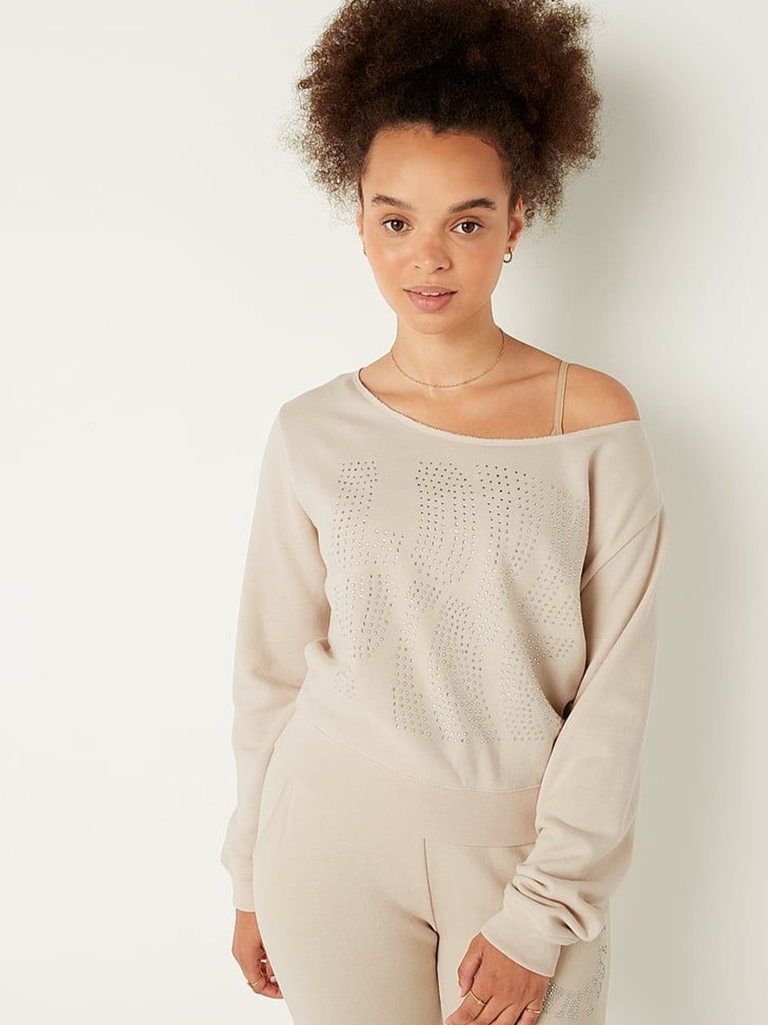 

Victoria's Secret Women Round Neck Cropped Sweatshirt, Beige