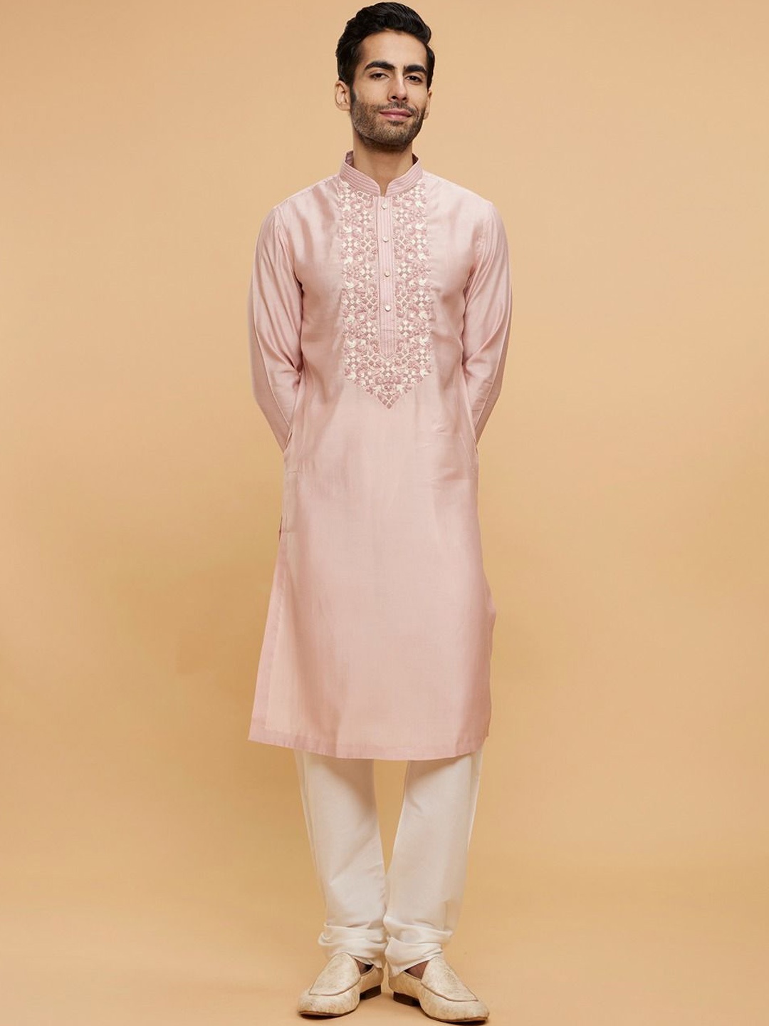 

Twamev Men Embroidered Regular Thread Work Kurta with Churidar, Peach