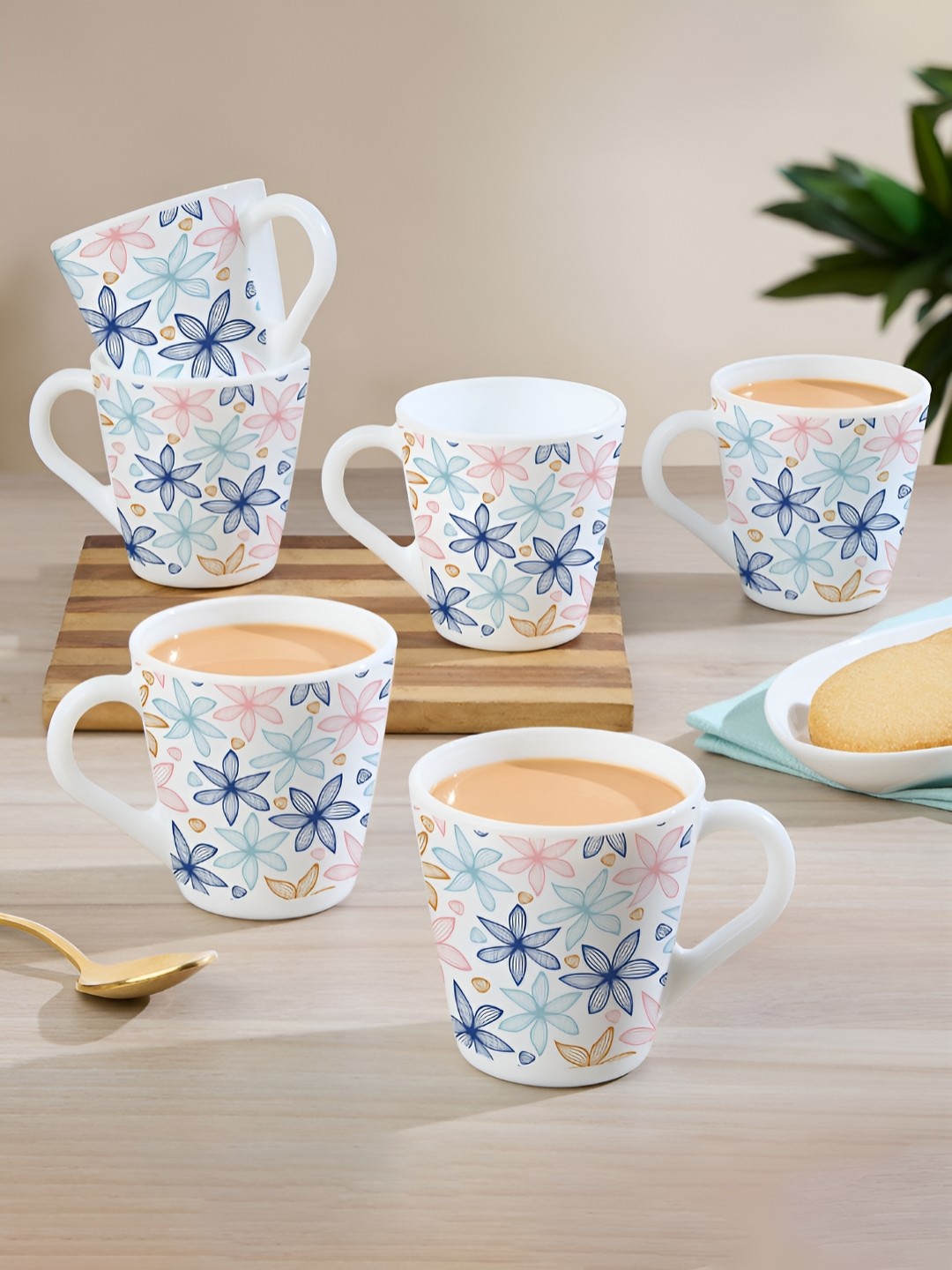

Larah by BOROSIL White & Blue Floral Printed Opalware Matte Mugs Set of Cups and Mugs