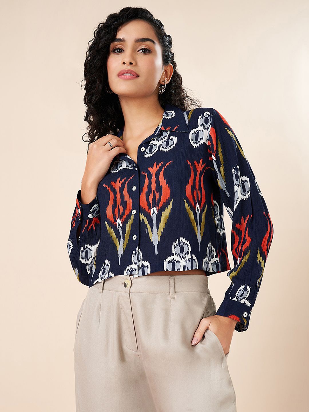 

AKKRITI BY PANTALOONS Women Ethnic Motifs Printed Cuffed Sleeves Shirt Style Top, Blue