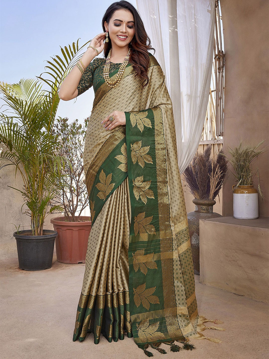

KALINI Woven Design Zari Silk Blend Chanderi Saree, Beige