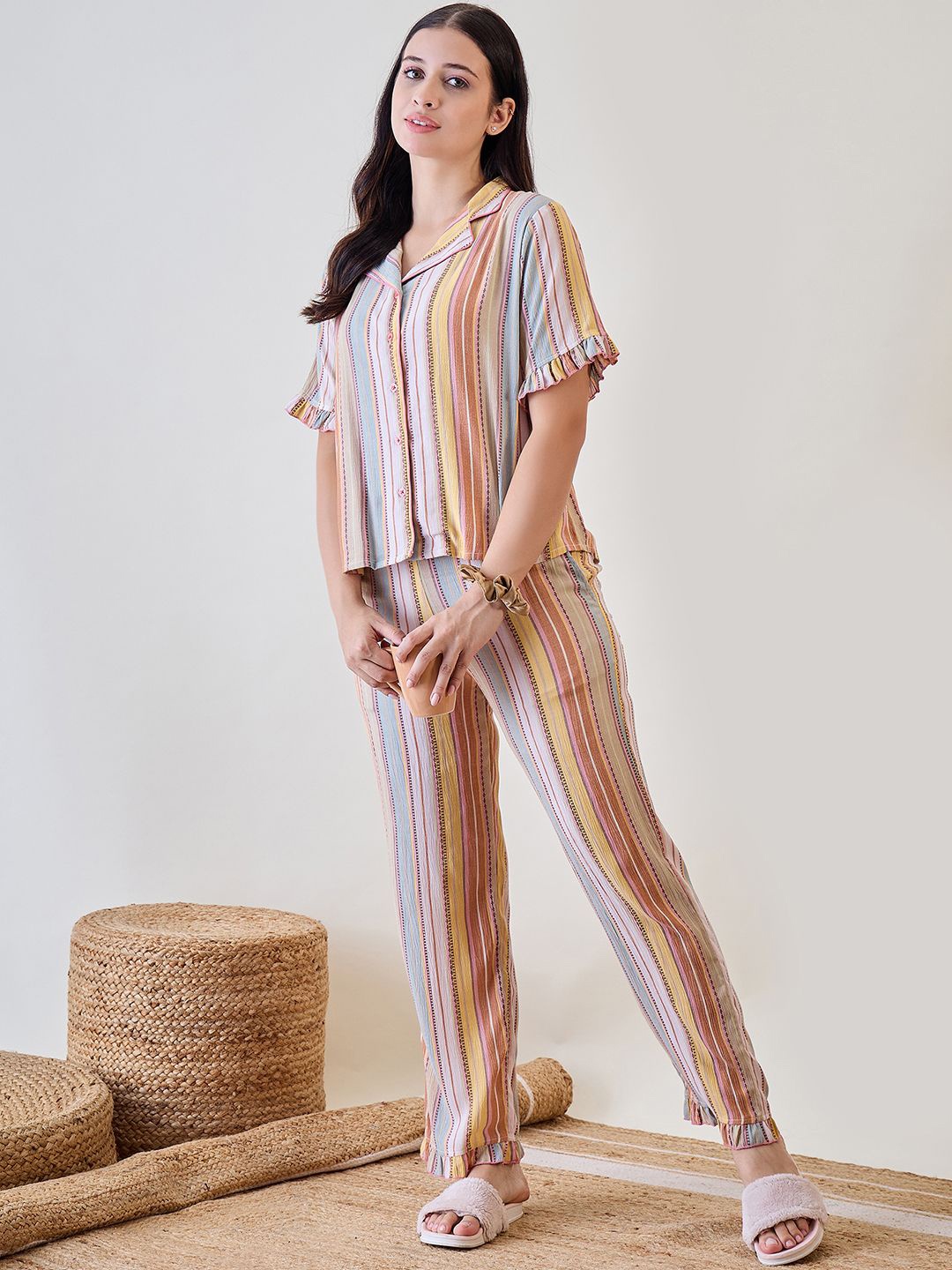 

The Kaftan Company Women Striped Lapel Collar Night suit, Yellow