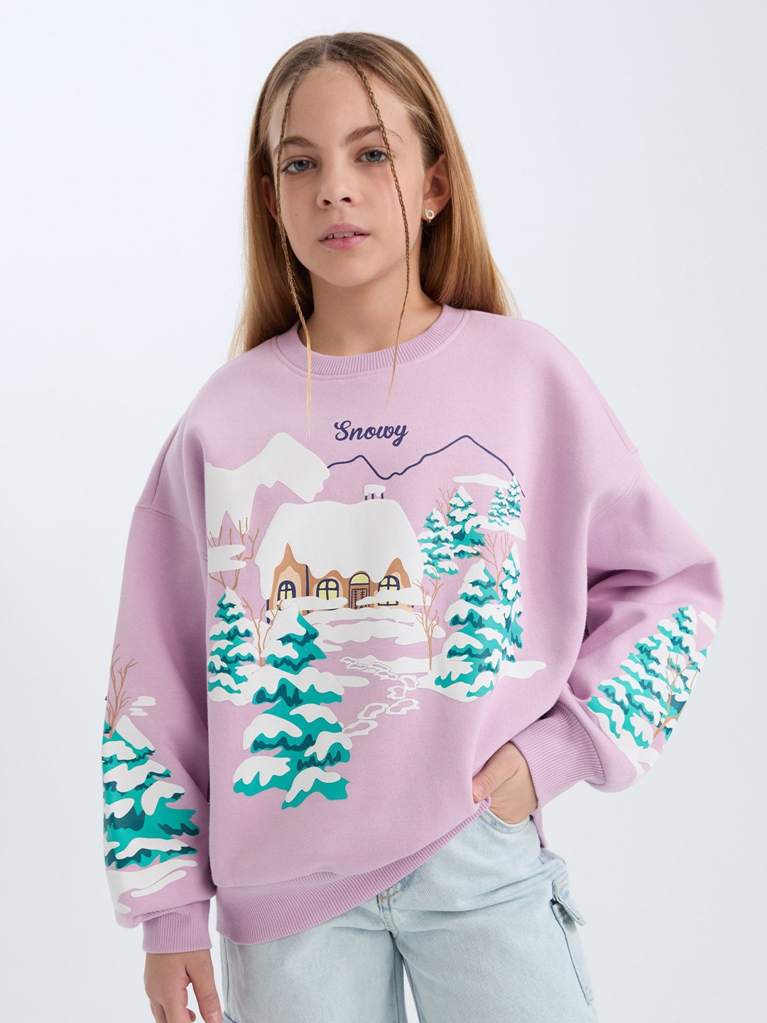 

DeFacto Girls Printed Pullover, Lavender