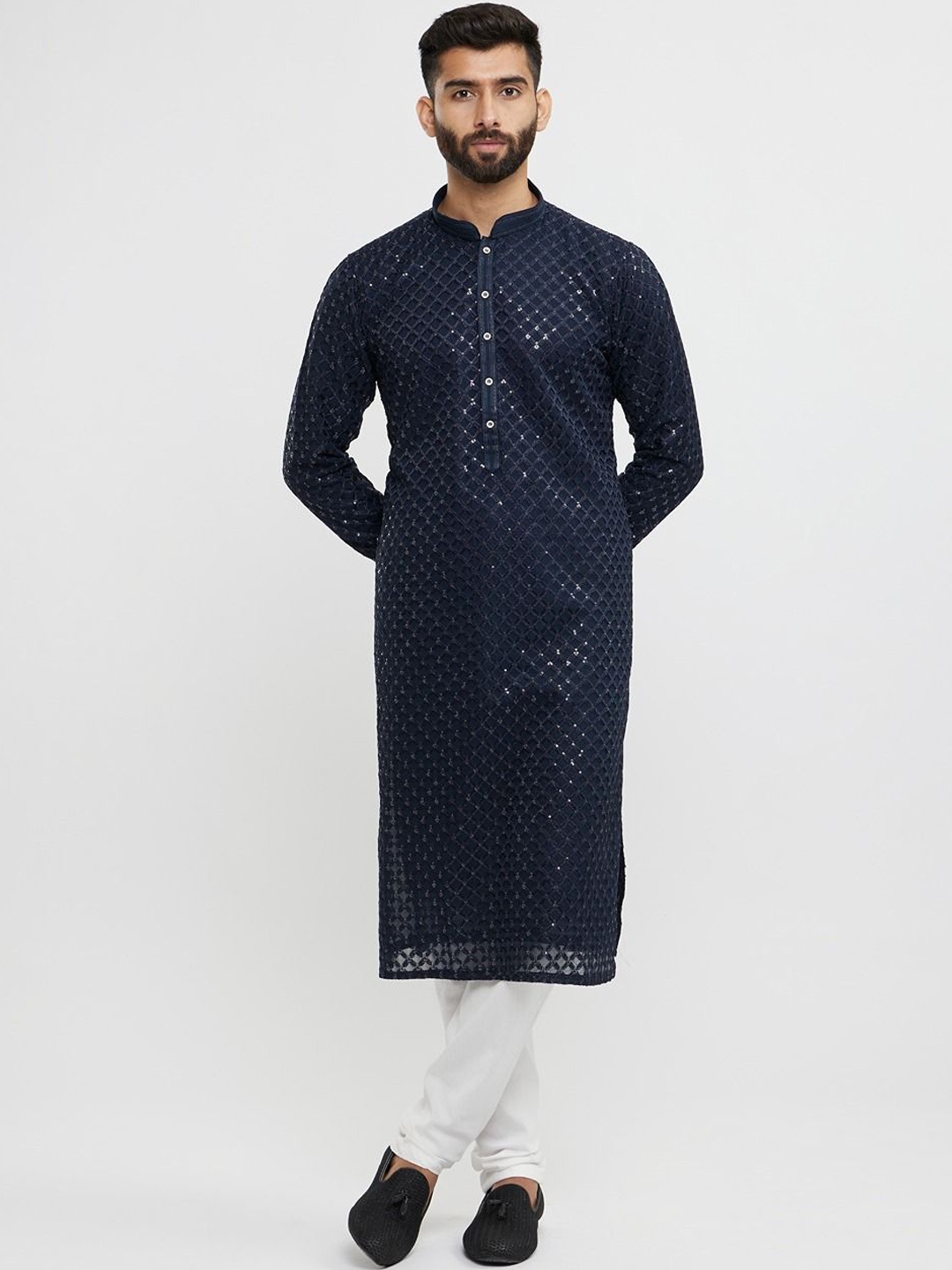 

Twamev Men Ethnic Motifs Embroidered Regular Sequinned Kurta with Churidar, Blue