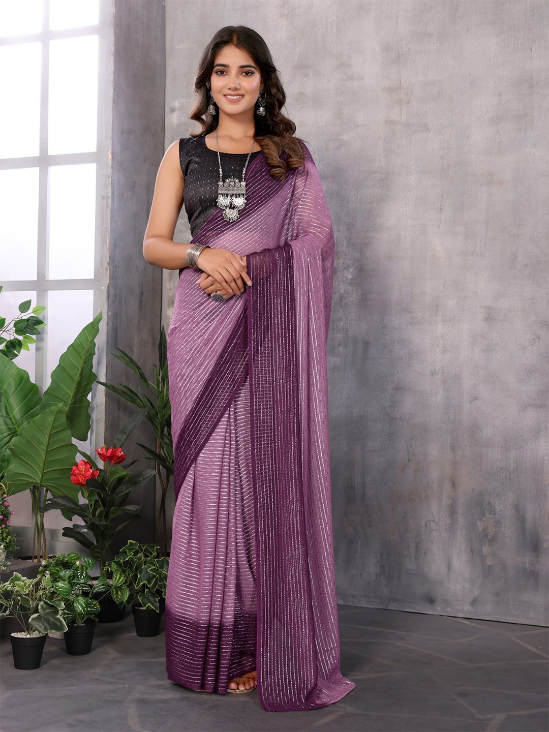 

LeeliPeeri Designer Embellished Beads and Stones Silk Blend Ready to Wear Saree, Purple