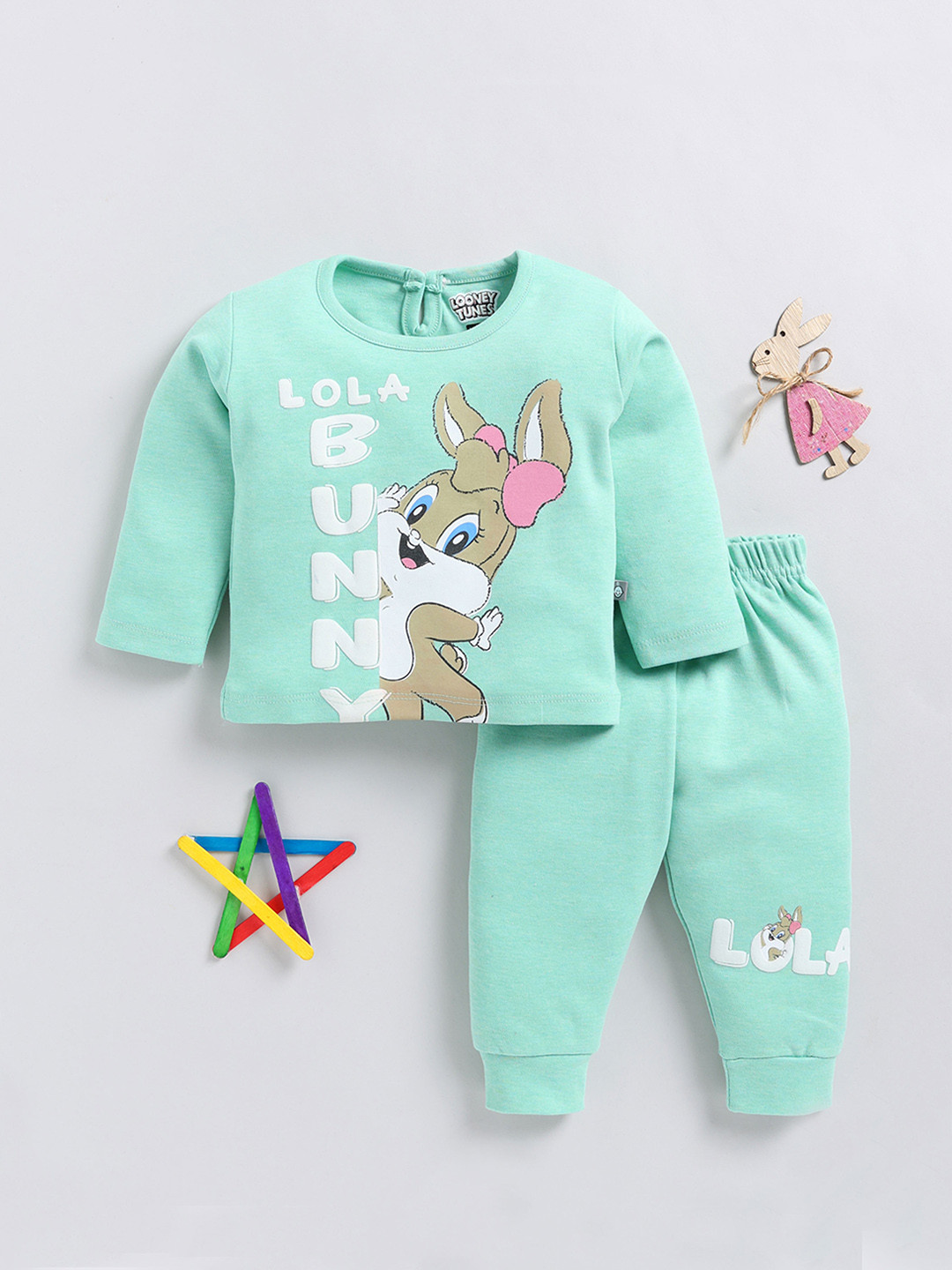 

YK X Tinyo Infant Girls Lola Bunny Printed Pure Cotton Top with Joggers, Green