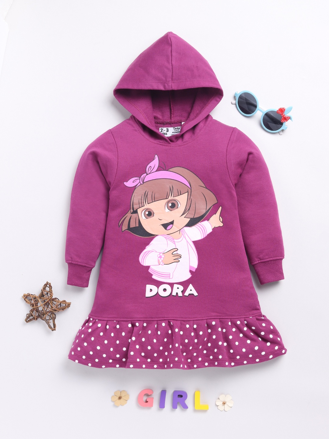 

YK X Minute Mirth Girls Dora Printed A-Line Hooded Dress, Magenta