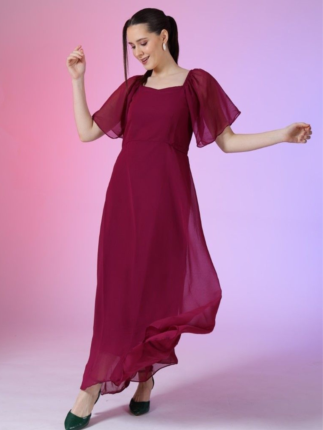 

Femvy Women Sweetheart Neck Bell Sleeve Maxi Dress, Magenta