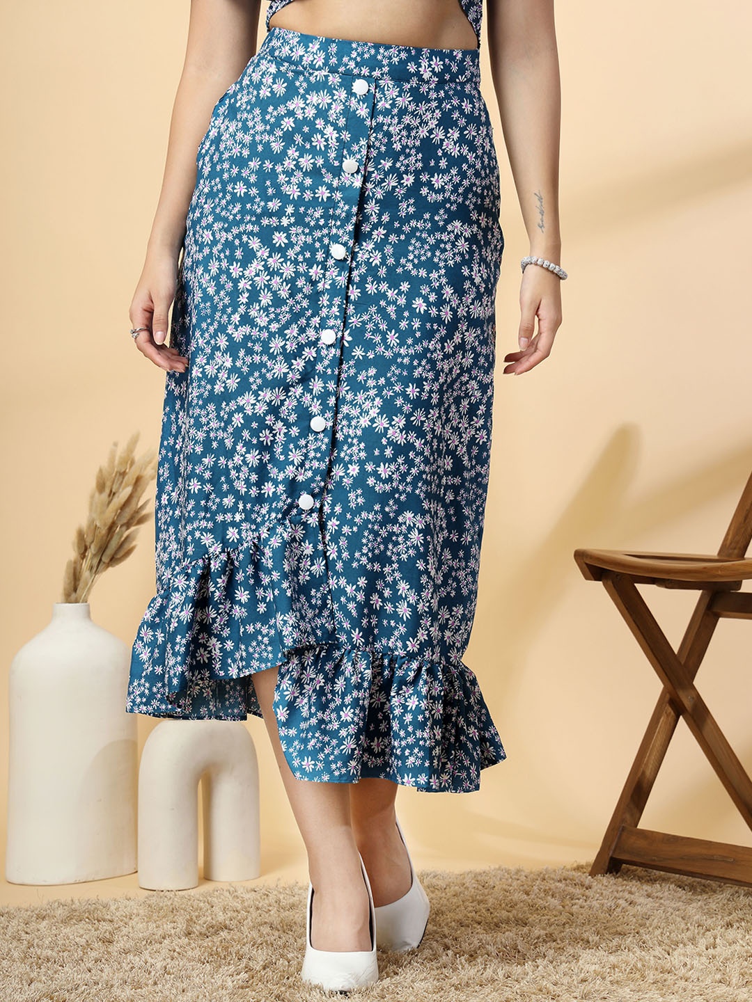 

Oomph! Floral Printed Midi Skirt, Blue