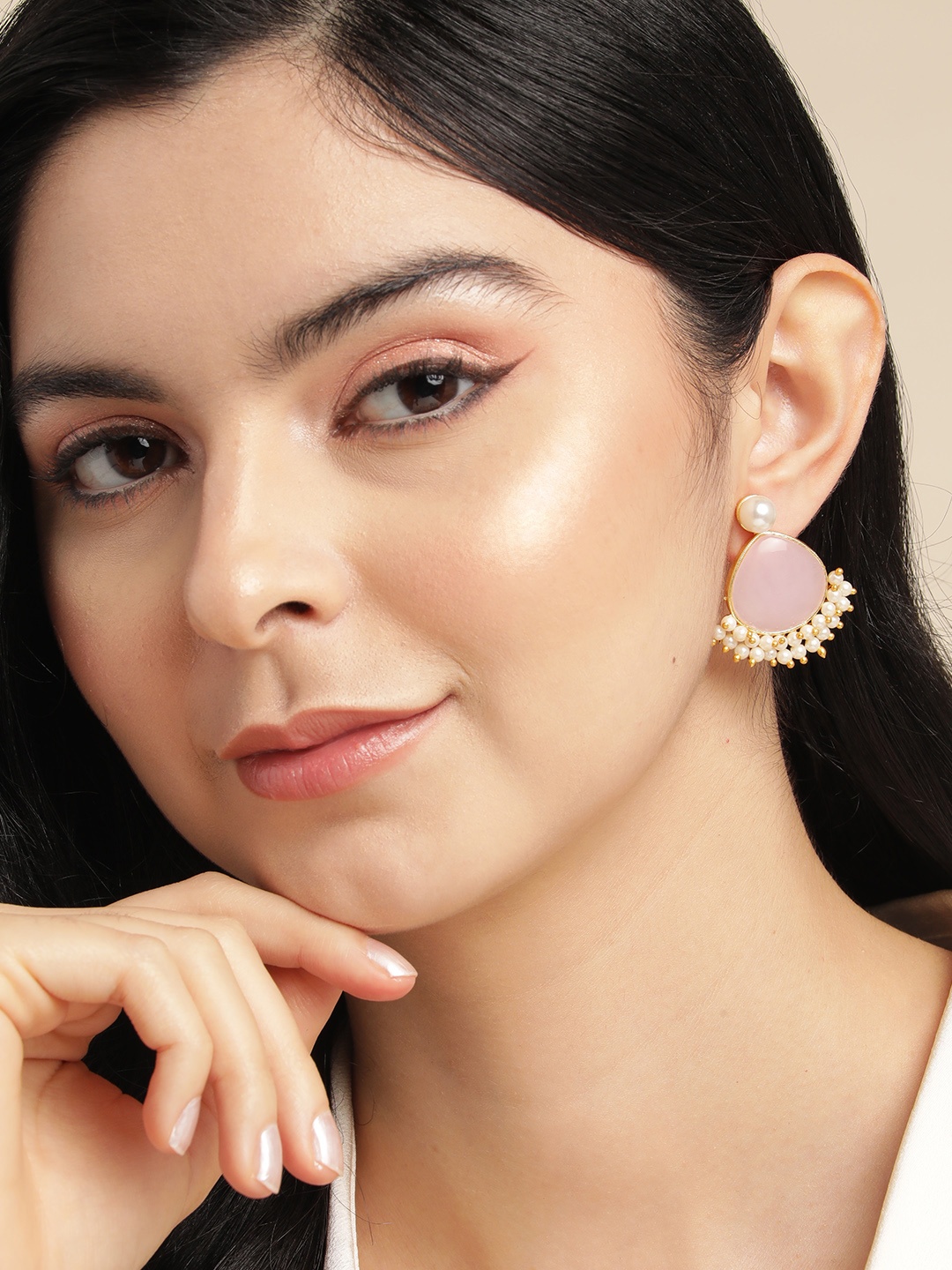 

Anouk Gold-Plated Beaded Teardrop Shaped Drop Earrings, Pink