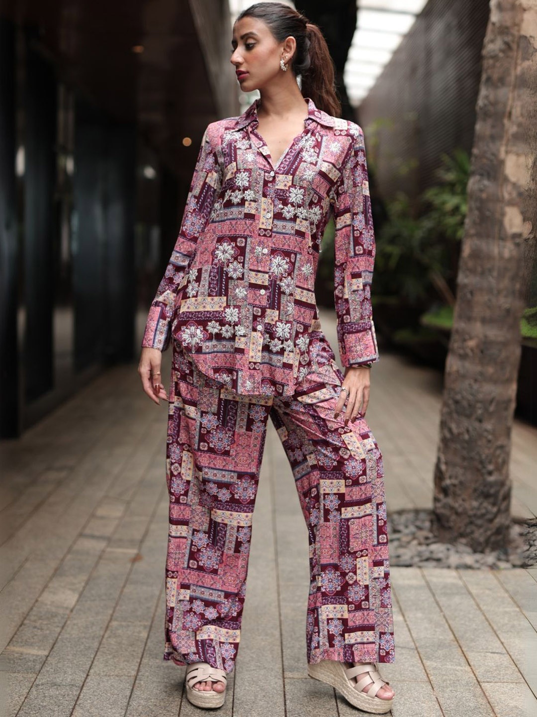 

Svamsa Printed Shirt Collar Shirt & Trousers Co-Ords, Purple