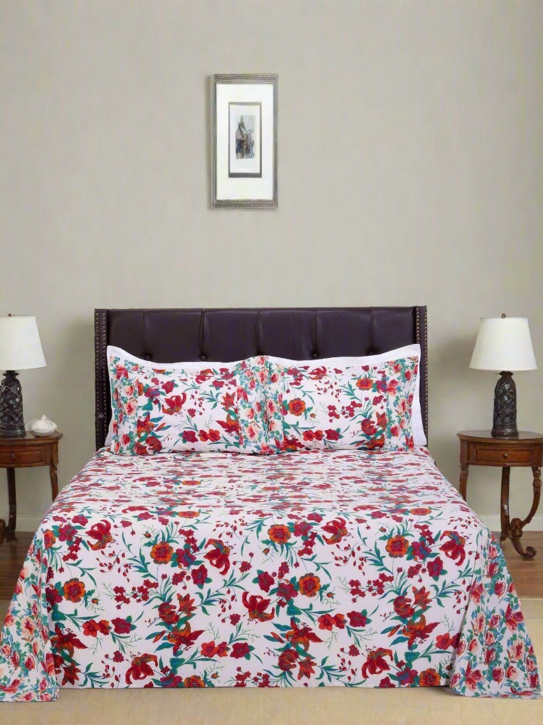 

SHAHENAZ White & Blue Floral Cotton 120 TC Double Queen Bedsheet with 2 Pillow Covers