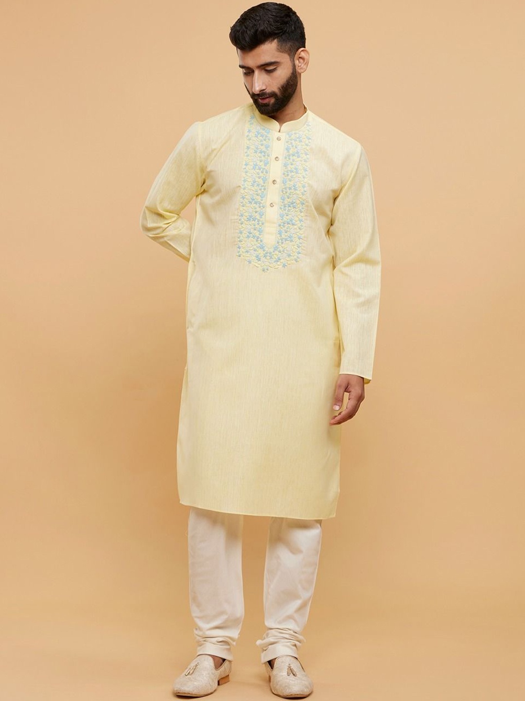 

Twamev Men Ethnic Motifs Embroidered Regular Thread Work Kurta with Churidar, Yellow