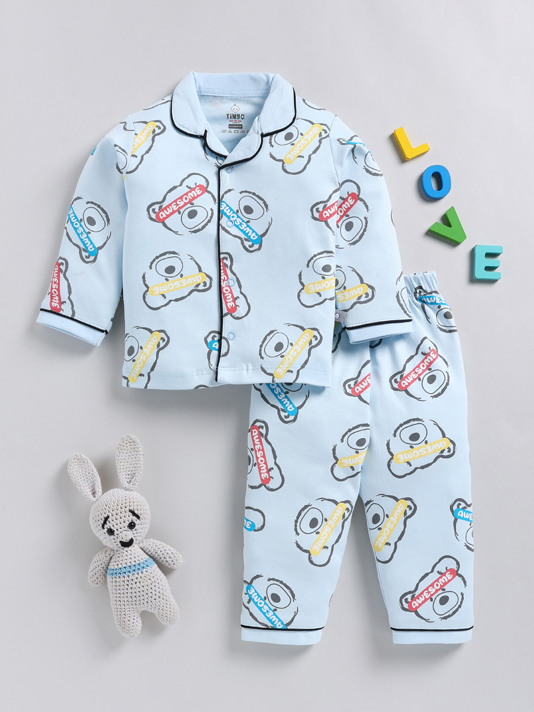 

YK X Tinyo Infant Girls Teddy Printed Pure Cotton Night suit, Blue