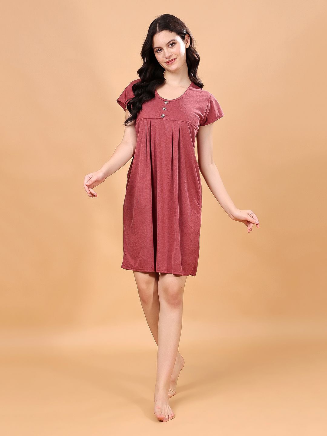 

CHUI MUI Women Round Neck Above Knee Nightdress, Maroon