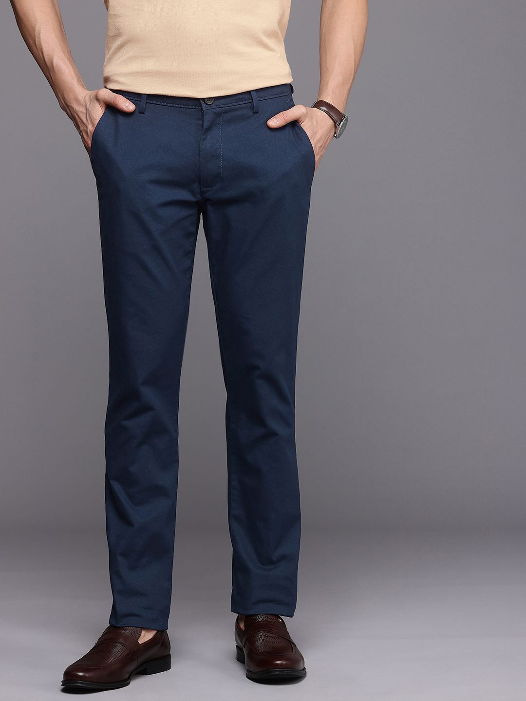 

Louis Philippe Sport Men Tapered Fit Low-Rise Chinos Smart Casual Trousers, Navy blue