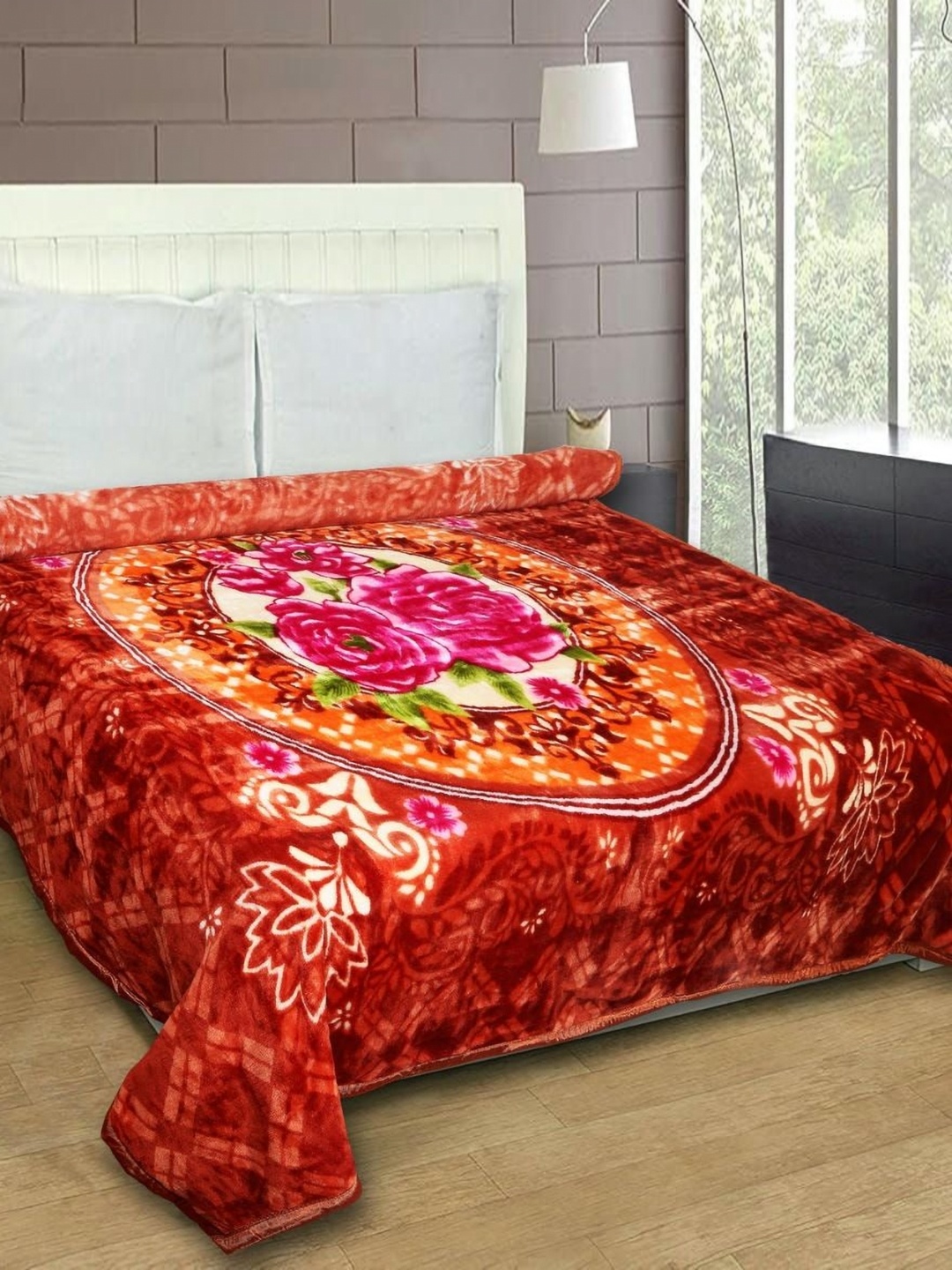 

MAGICAL Orange & Grey Floral Mink 400 GSM Double Bed Blanket