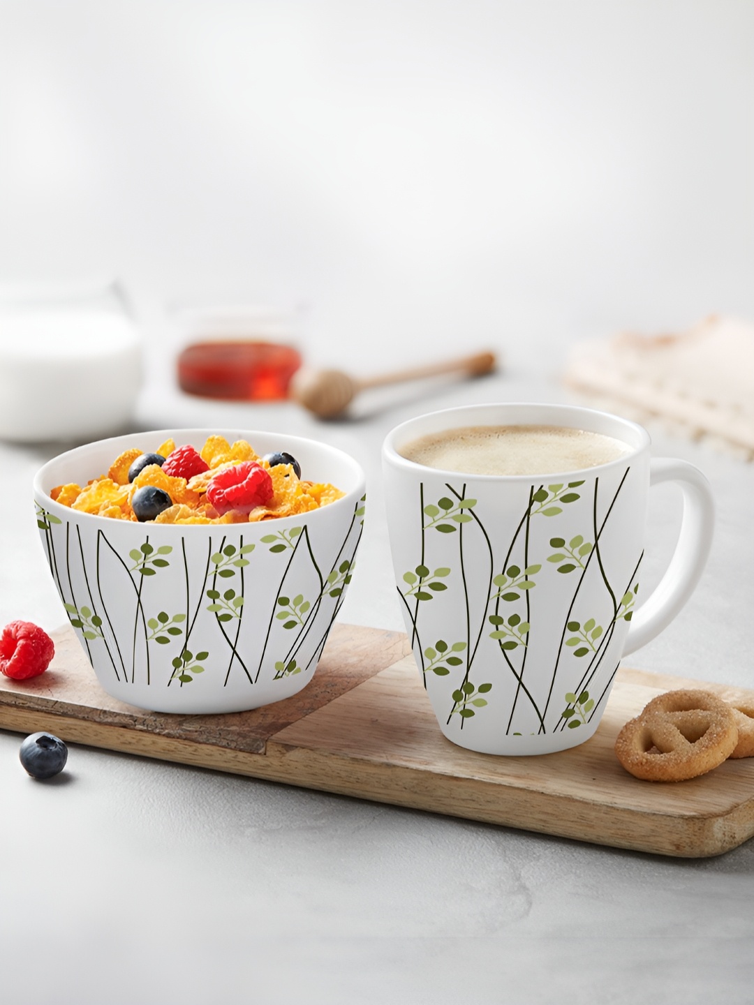 

Larah by BOROSIL White & Green Printed Opalware Matte Mug and Bowl Set of Cups and Mugs