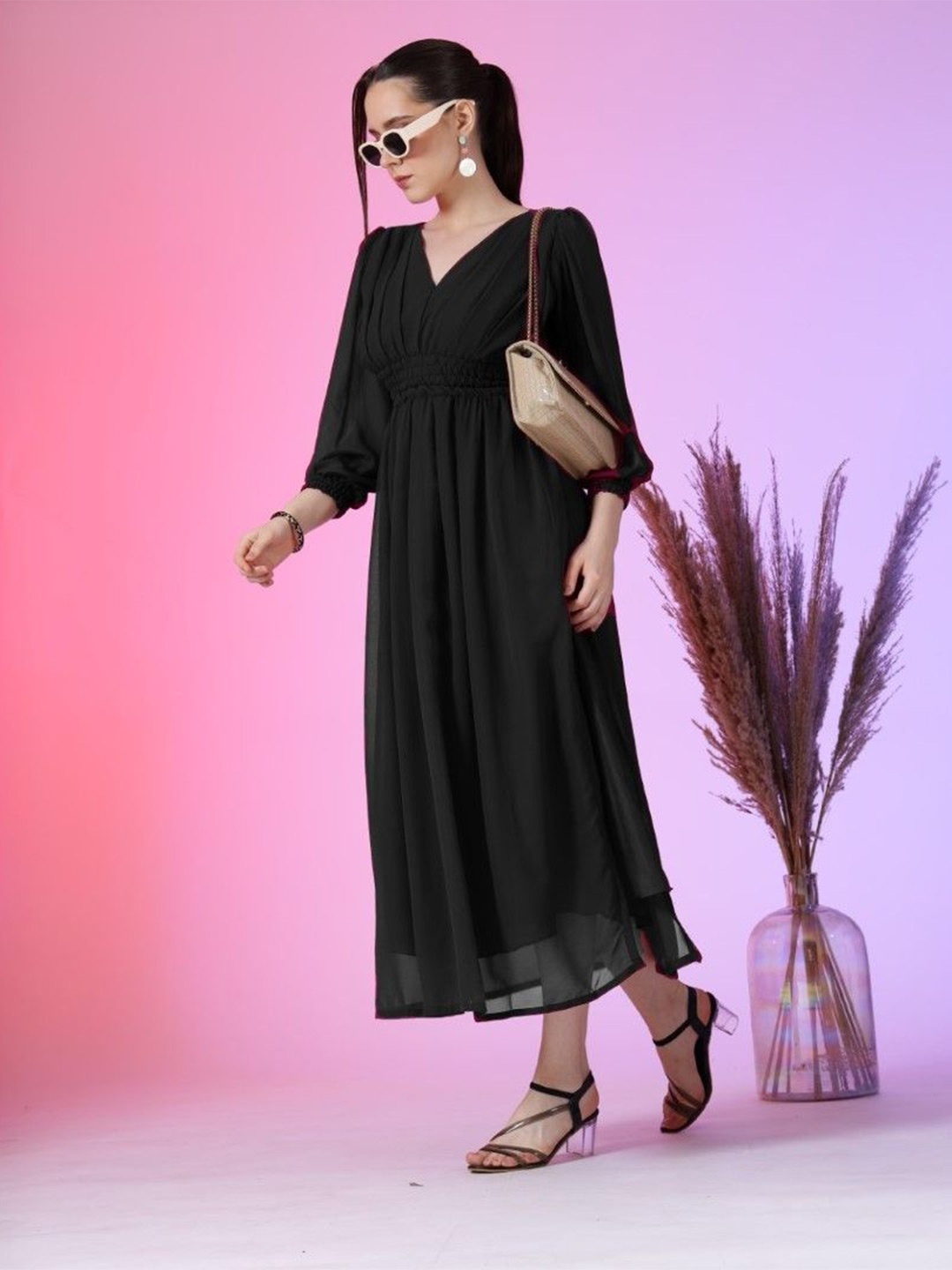 

Femvy Women Fit & Flare Maxi Dress, Black