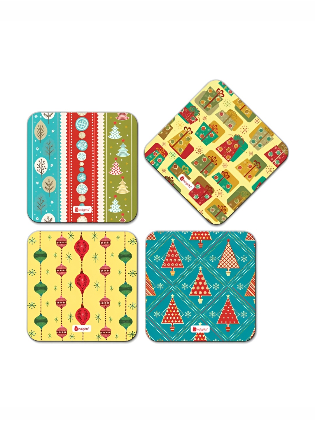 

Indigifts 4-Pcs Yellow & Green Printed Wooden Tea Coasters