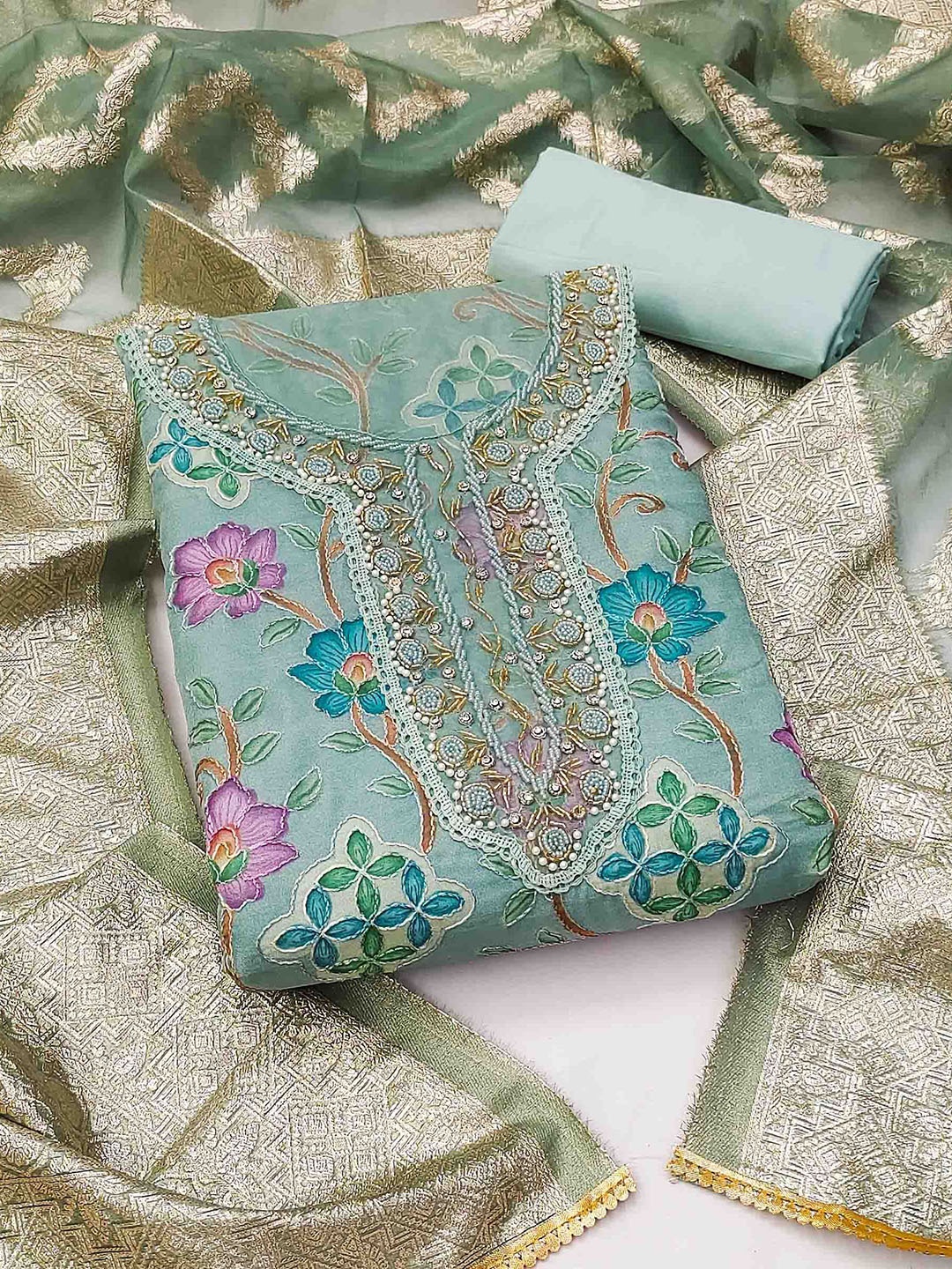 

Maroosh Embellished Organza Unstitched Dress Material, Turquoise blue