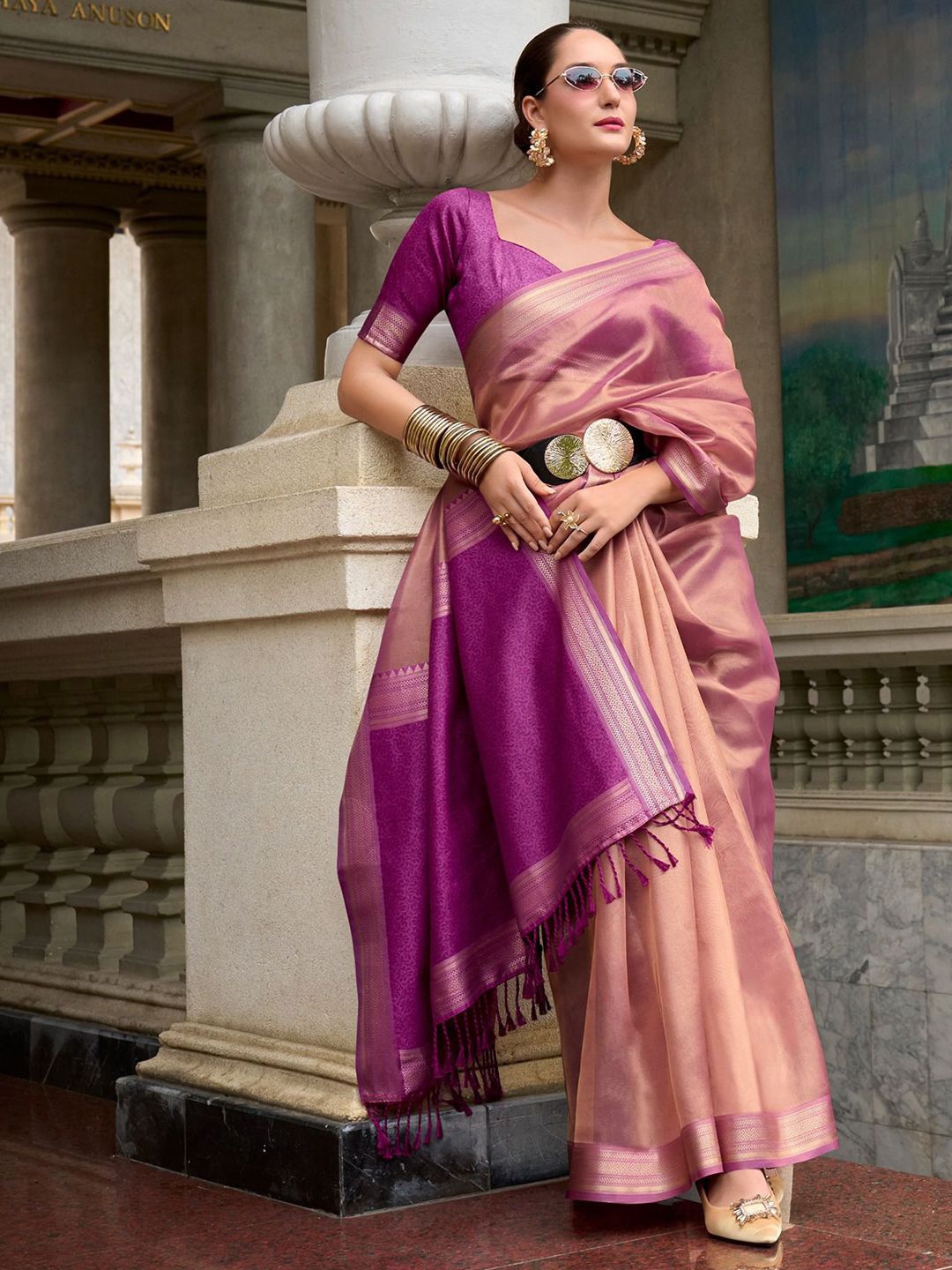 

Satrani Woven Design Zari Tissue Banarasi Saree, Pink