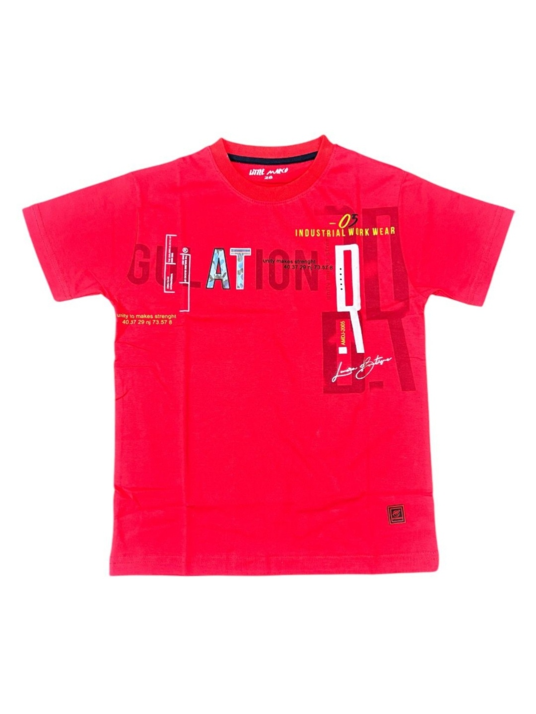 

Little Marco Boys Typography Printed V-Neck Applique T-shirt, Red