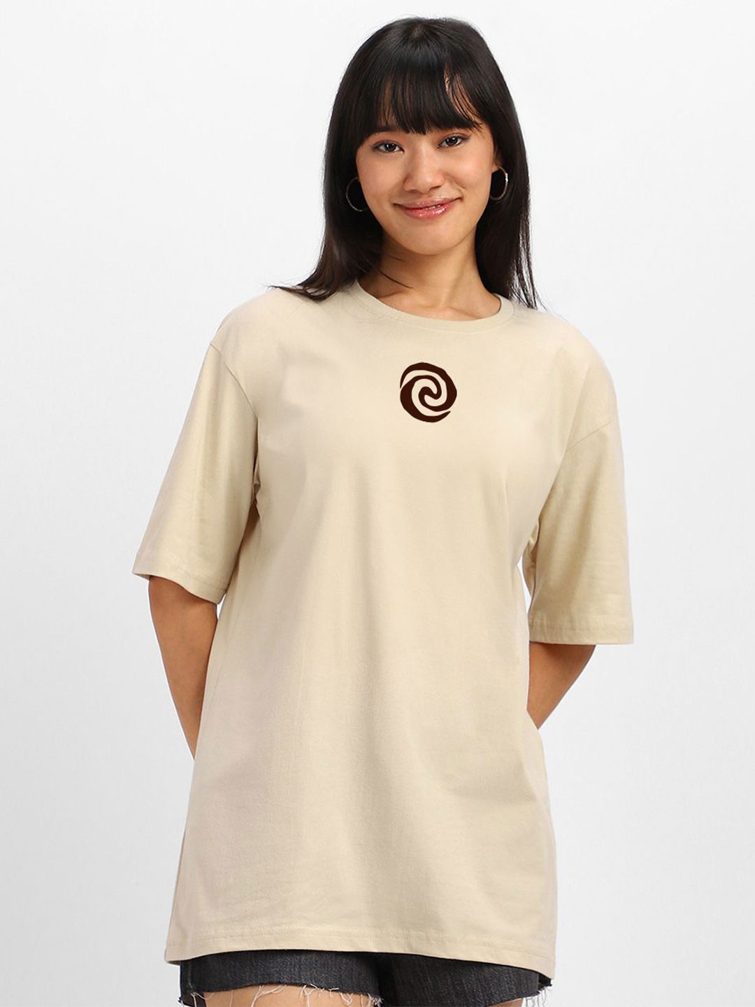 

JUNEBERRY Disney Moana Printed Drop-Shoulder Sleeves Pure Cotton Oversized Tshirt, Beige