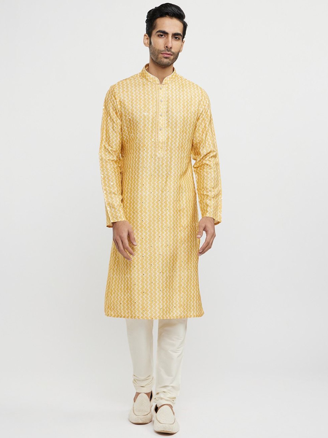 

Twamev Men Embroidered Regular Mirror Work Kurta with Churidar, Mustard