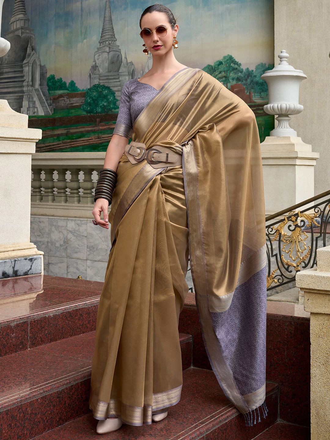 

Satrani Zari Tissue Banarasi Saree, Beige