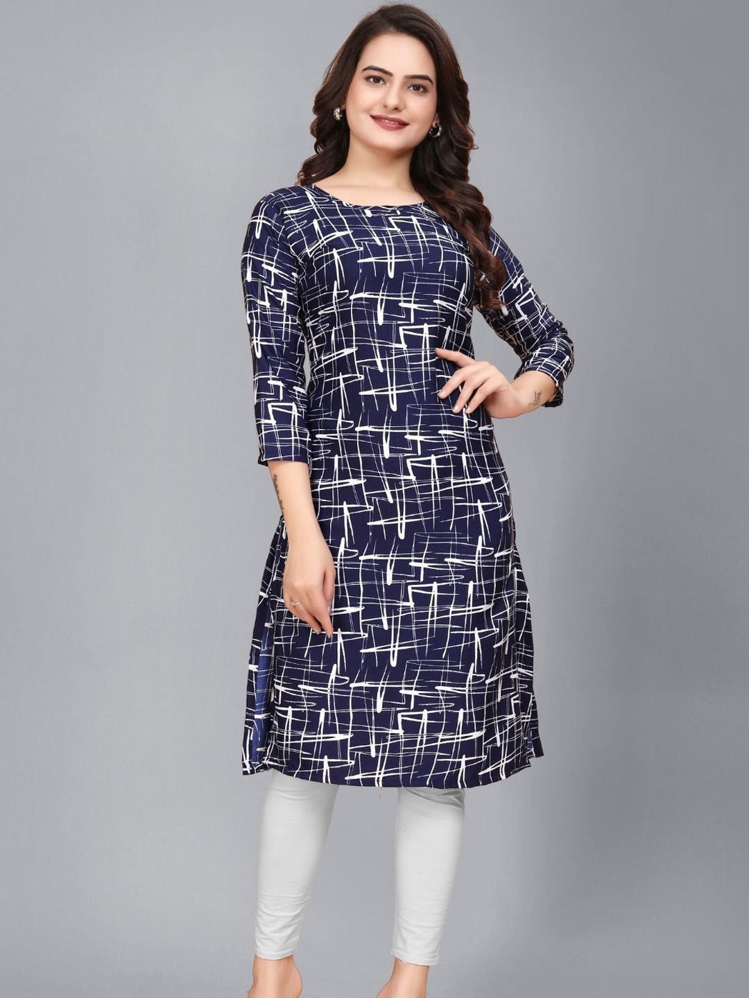 

AK FASHION MALL Women Geometric Checked Flared Sleeves Crepe Kurta, Blue