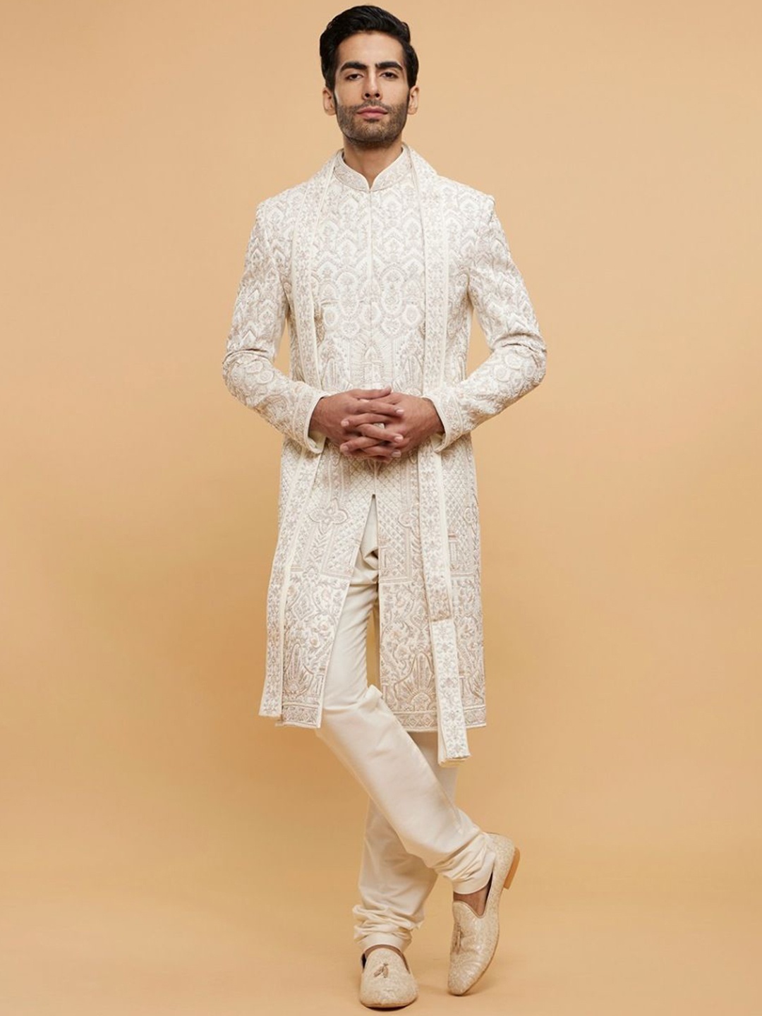 

Twamev Embroidered Sequinned & Thread Work Mandarin Collar Sherwani Set, Cream