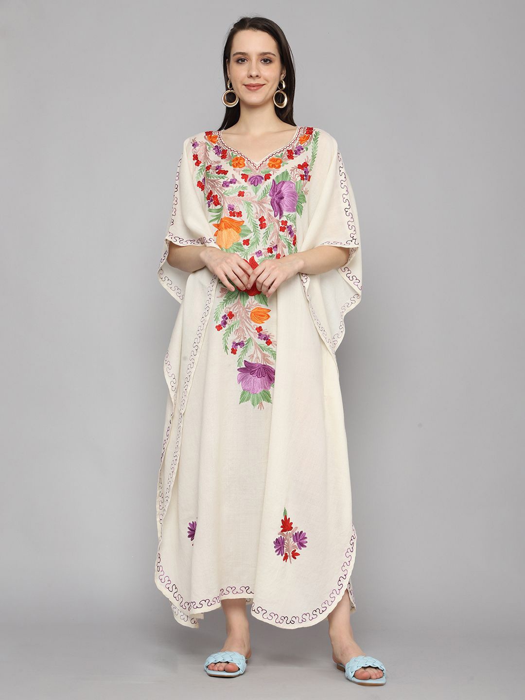 

CRAFTBAZAR Floral Embroidered Cape Sleeve Kaftan Maxi Dress, White