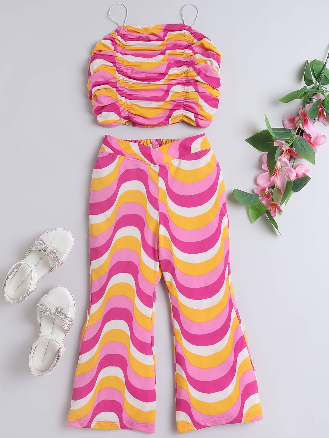 

taffykids Girls Printed Top with Trousers, Pink