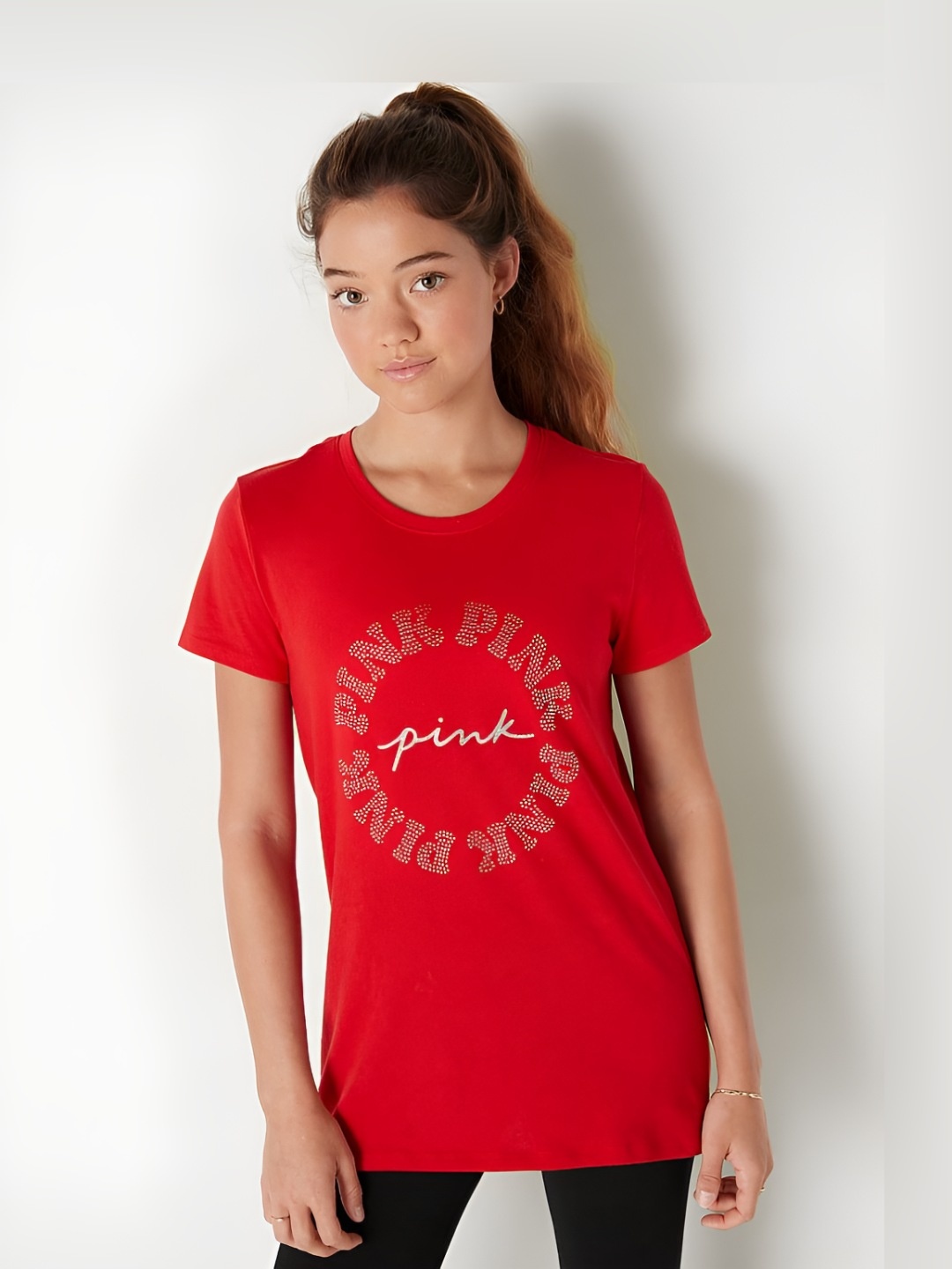 

Victoria's Secret Women Typography Printed Round Neck Cotton T-shirt, Red