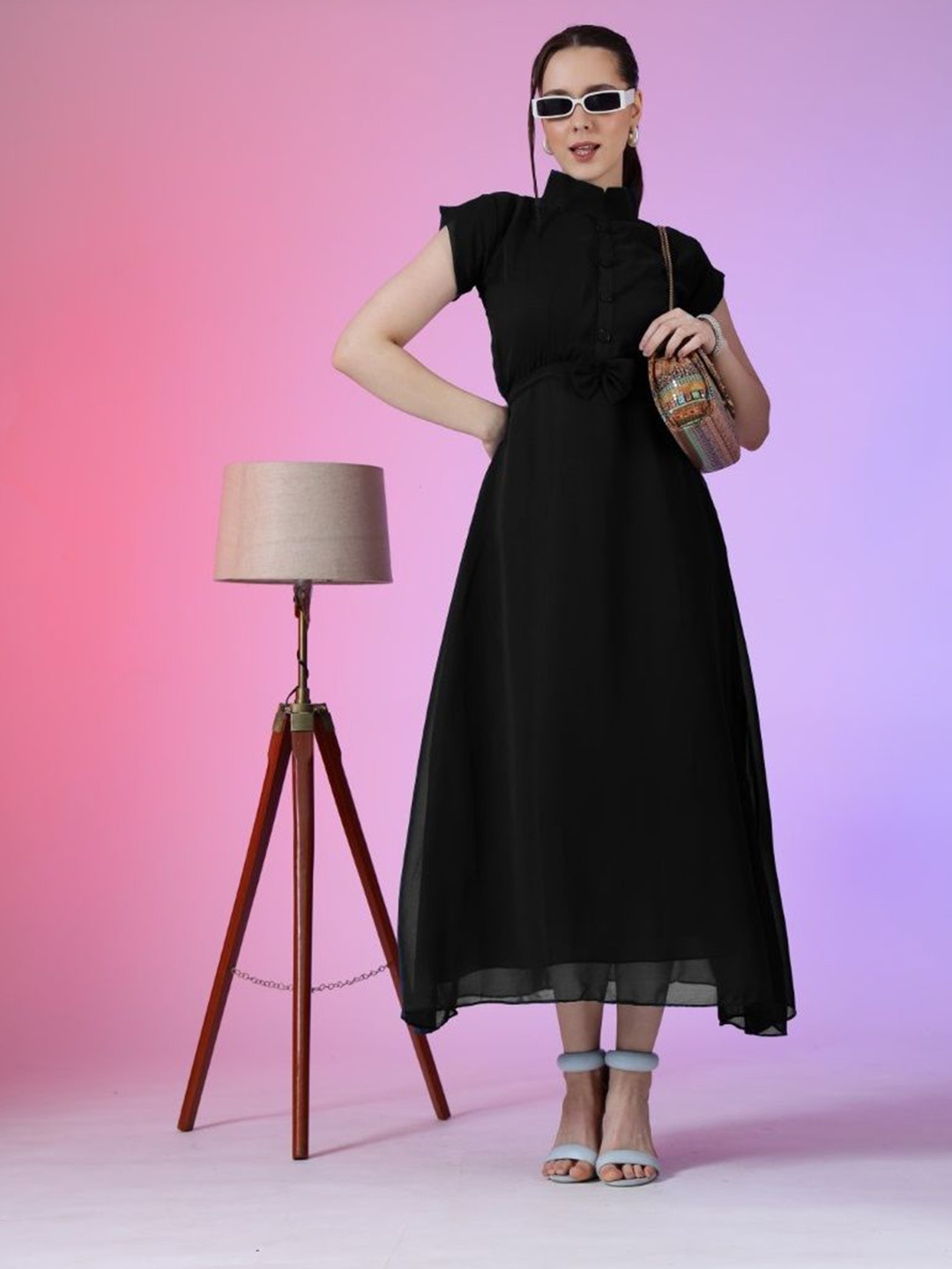 

Raiyani Enterprise Women Bow Detail Mock Neck Fit & Flare Maxi Dress, Black