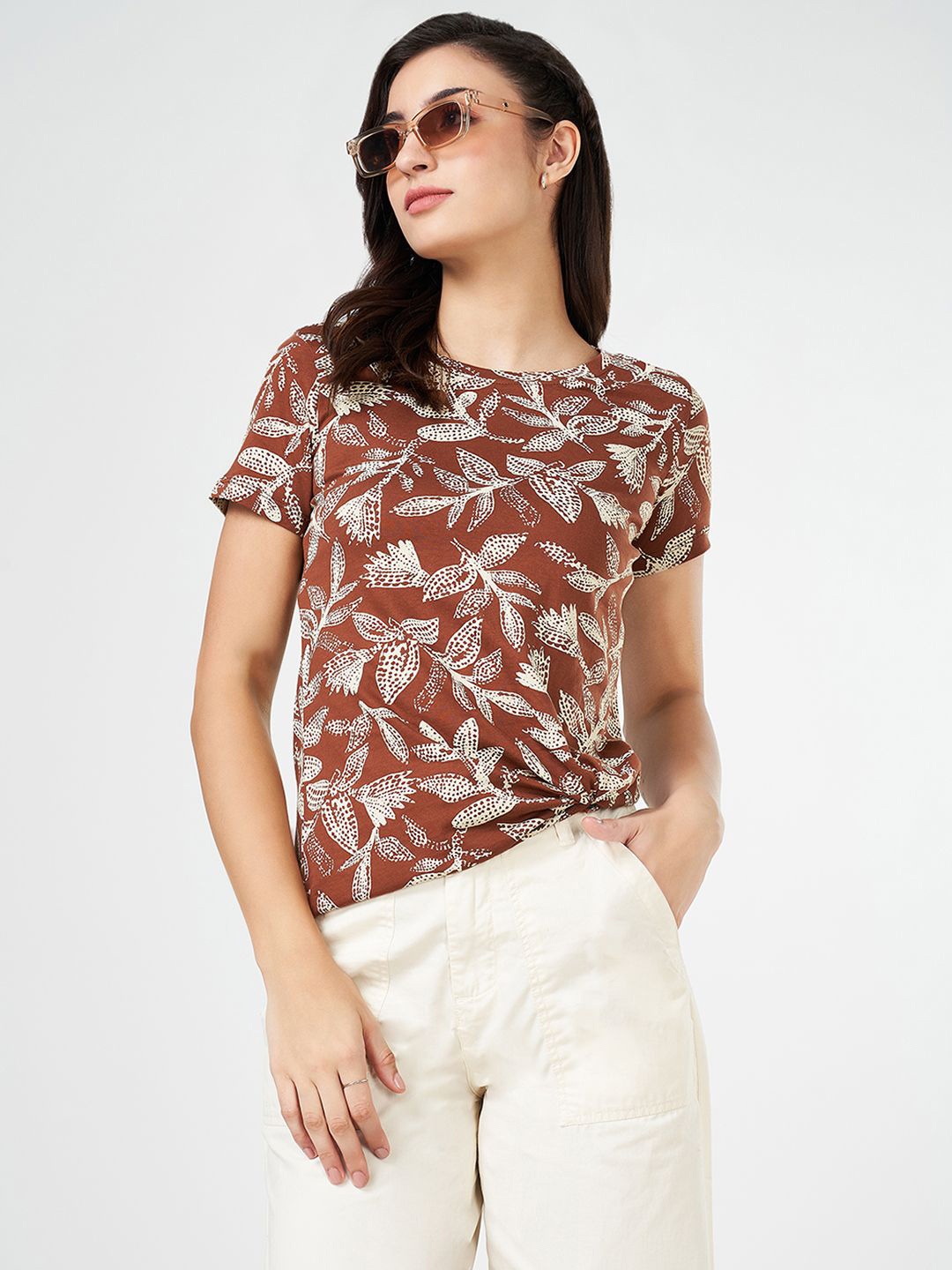 

Honey by Pantaloons Women Floral Printed Cotton Top, Brown