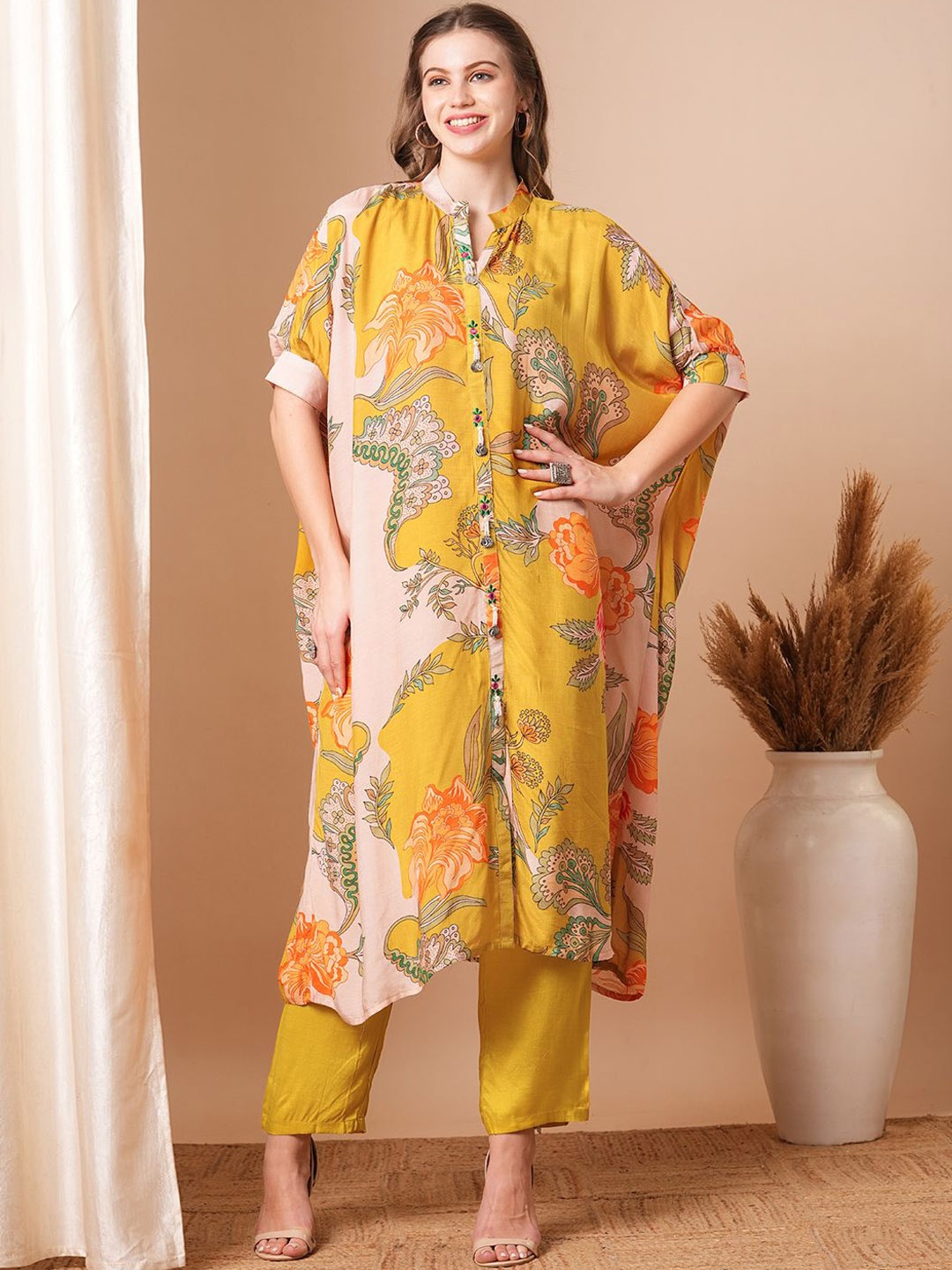 

FASHOR Women Floral Printed Regular Beads and Stones Kurta with Trousers, Mustard