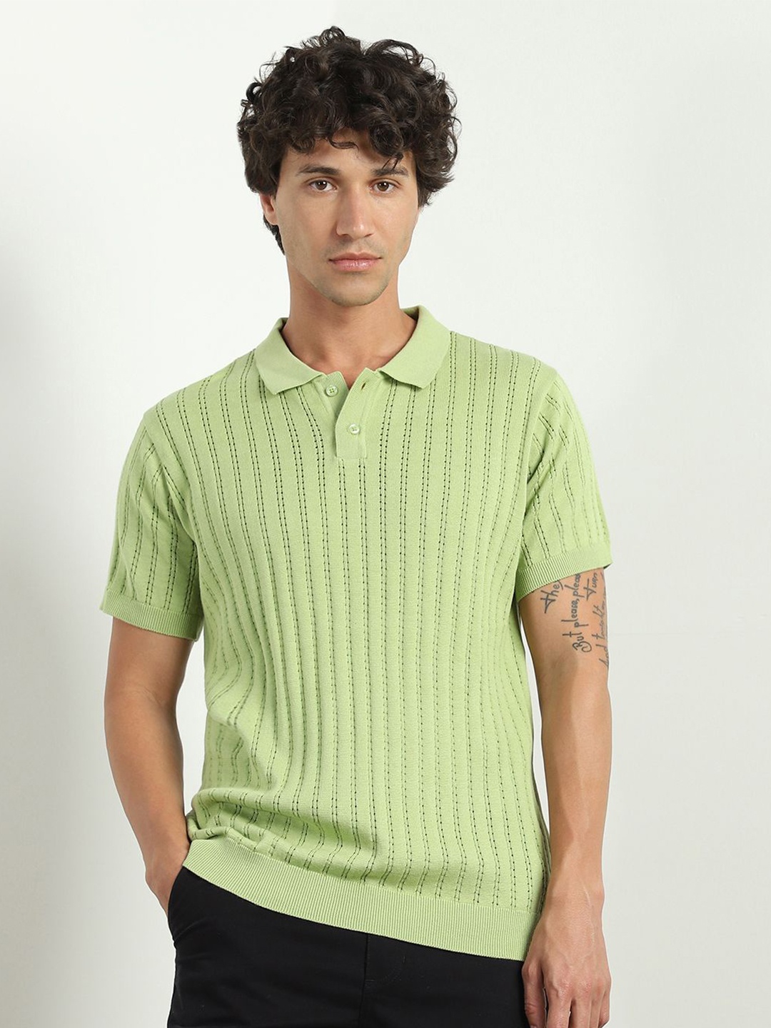 

NOBERO Men Textured Self Design Polo Collar T-shirt, Green