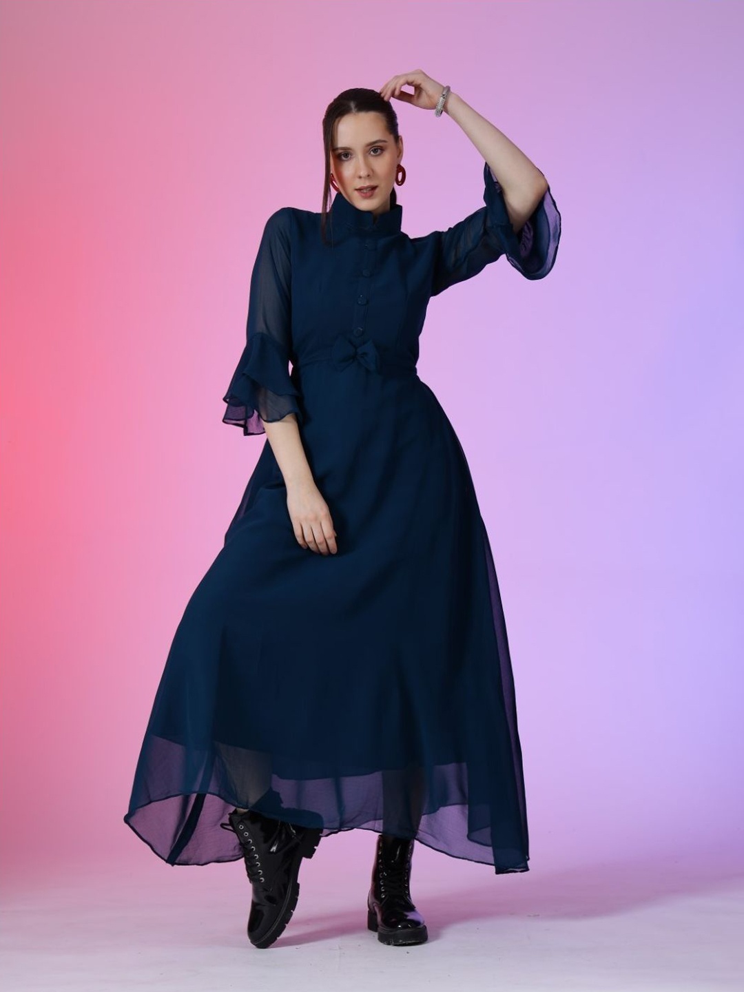 

Krunal Raiyani Georgette Fit & Flare Maxi Dress, Navy blue