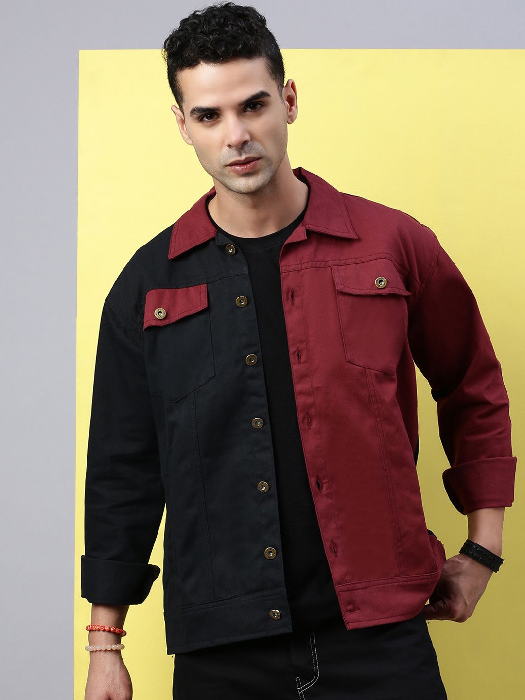 

VOXATI Men Colourblocked Denim Jacket with Patchwork, Multi